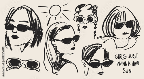 Stylish ladies in various Sunglasses. Cute characters. Sketchy, grunge style. Hand drawn modern Vector illustration. Isolated design elements. Summer fashion accessories, sun protection concept