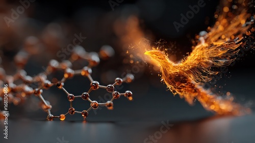 A fiery phoenix emerging from molecular patterns, symbolizing rebirth and transformation.