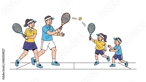 Family Tennis Lesson: A cheerful depiction of a family enjoying a tennis lesson, with a ball in mid-air. This graphic style artwork highlights family bonding and healthy lifestyle.