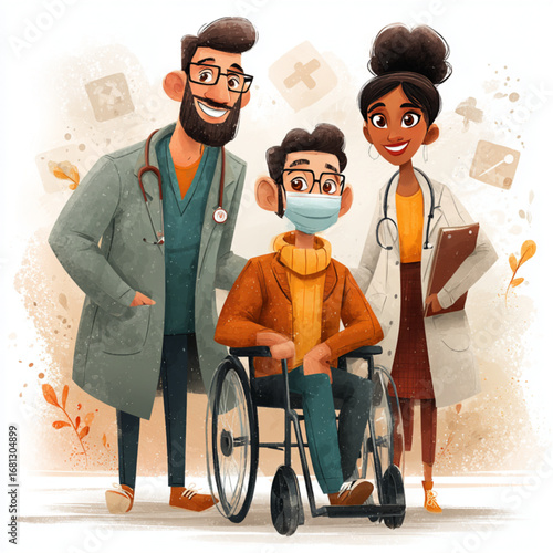 Diverse Medical Team Caring for Patient in Wheelchair with Face Mask - World Patient Safety Day Vector