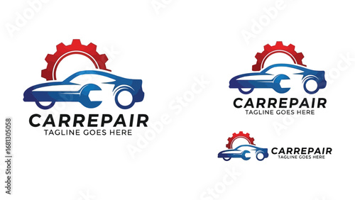 Car Repair Logo: Dynamic and clean logo design, the image has gear elements to represent repair, service or maintenance. suitable for auto repair shops, automotive mechanics.