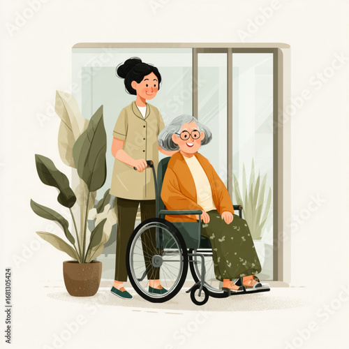 Patient Safety & Elderly Care: Compassionate Young Woman Pushing Senior in Wheelchair Vector