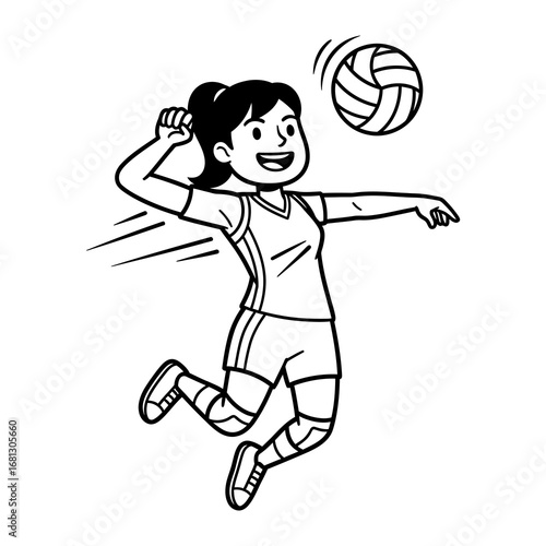 Volleyball player striking the ball: An energetic volleyball player in action, jumping to strike the ball, perfectly captured in an illustration, depicting dynamism and athletic prowess.
