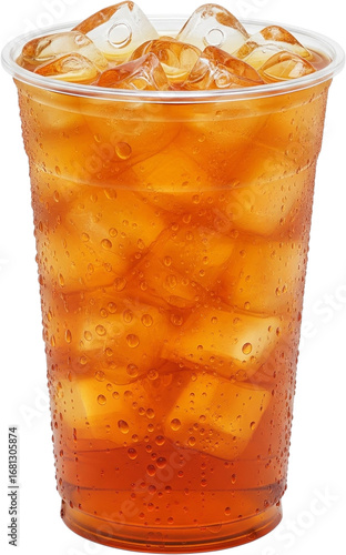 Refreshing Iced Tea in Plastic Cup with Ice Cubes and Condensation