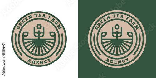 Tea farm logo design vector illustration. Natural tea plantation silhouette. Simple, minimal, fresh environment icon symbol.