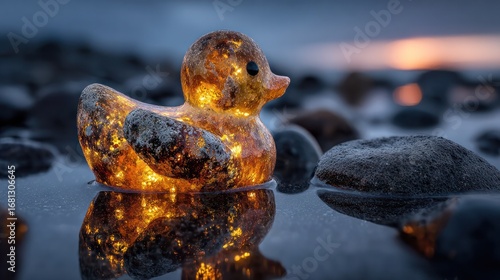 Glowing crystal structures uniting a marine duck form with barnacle-covered geological surface