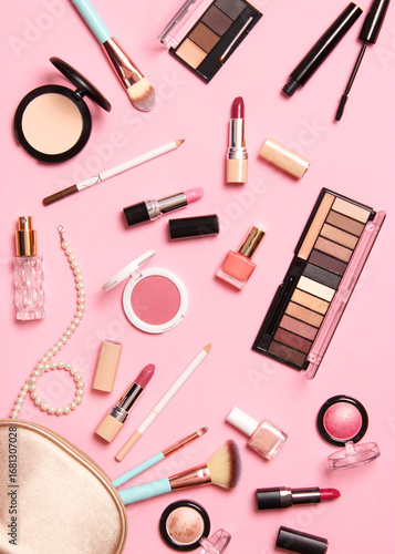 professional makeup tools. Makeup products. A set of various products for makeup. Vertical photo format