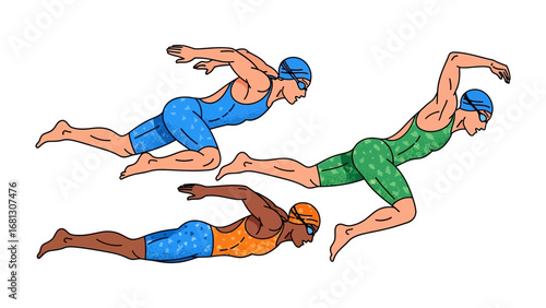 Dynamic Dive: Energetic illustrations of three swimmers, captured in mid-stroke, soaring through the water with bold strokes and vivid colors, embodying the essence of competitive swimming.