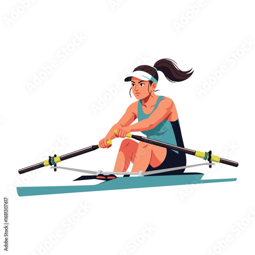 Focused Rowing Athlete: A determined athlete, hair in a high ponytail, rows on the water in a streamlined boat, showcasing focus and strength during a rowing competition.
