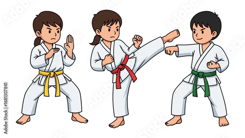 Karate Kids in Action: Dynamic illustrations of young karate practitioners in striking martial arts stances, embodying focus and disciplined execution.