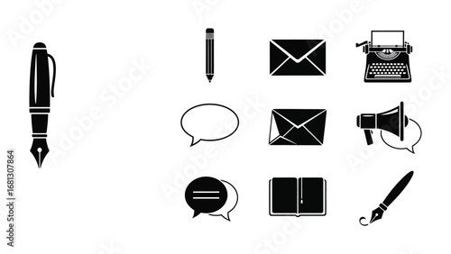 Icons of Written Communication: A collection of elegant, minimalist icons related to writing, messaging, and information dissemination. Perfect for graphic design, websites, and presentations. 