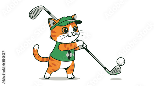 Whimsical Golfing Feline: A charming animated cat, sporting a golf cap and attire, prepares to swing a golf club at a pristine white golf ball.