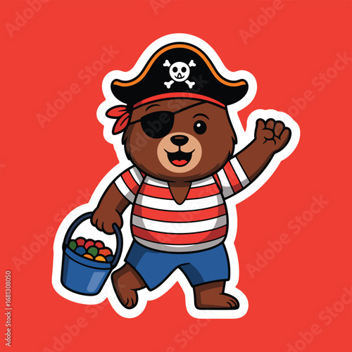 Brown bear pirate with candy bucket and eye patch halloween costume