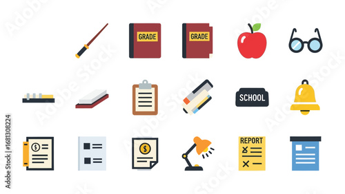 Educational Icon Collection: A curated set of vibrant educational icons, meticulously designed to symbolize the key elements of learning and scholastic pursuit.