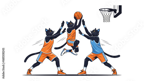 Cat Basketball Game: A dynamic cartoon illustration captures the action of a basketball game featuring cats as players, showcasing athleticism, teamwork, and competitive spirit.