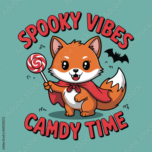 Cute fox in red cape holding lollipop with bat and text halloween cartoon