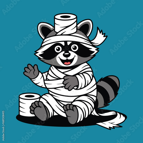Cute mummy raccoon waving hello with toilet paper halloween