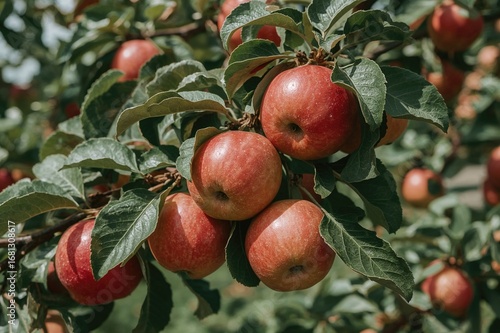 A branch laden with vibrant red apples, ripe and juicy, set for picking during the fall season in a fruit grove.