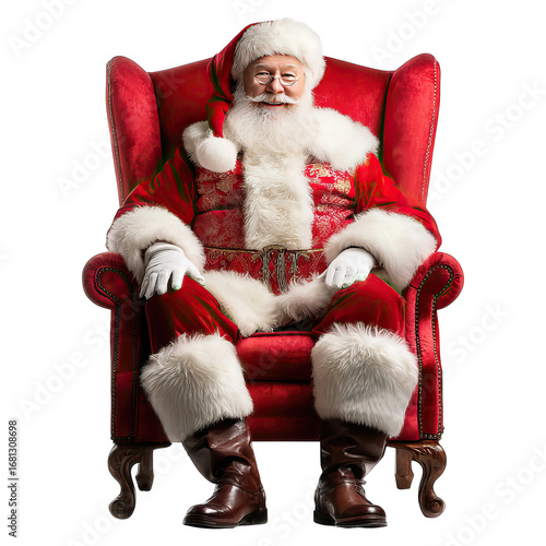 Santa claus sitting on leather chair and smiling concept. A joyful Santa Claus sitting in a plush red chair, embodying the Christmas spirit.