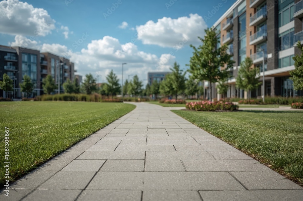 Fototapeta premium Contemporary geometric stone tiles laid along a fresh walking trail in a leisure area.