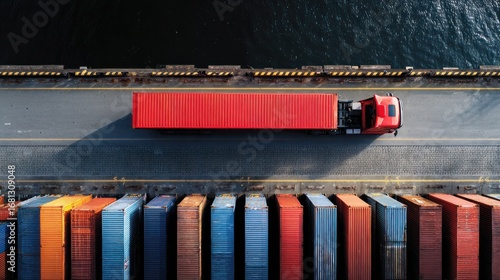 Red truck among shipping containers