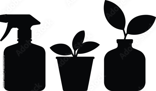 Silhouette of a spray bottle plant pot and vase with leaves on a white background