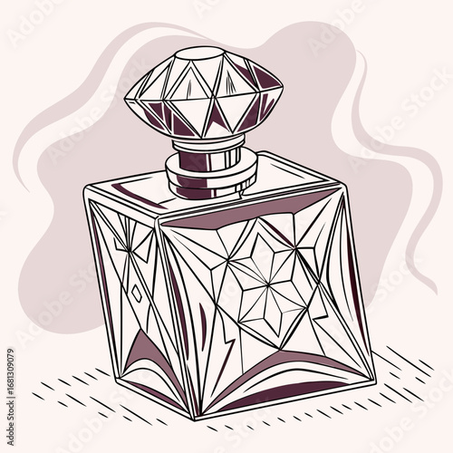 Vector art of elegant perfume bottle with crystal stopper and abstract background design