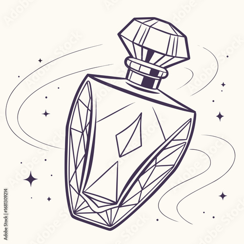 Vector art of elegant perfume bottle with crystal stopper and magical sparkles around it