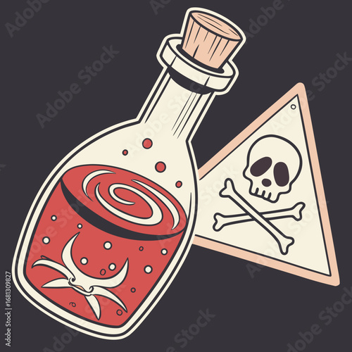 Vector art of poison bottle with skull and crossbones on dark background