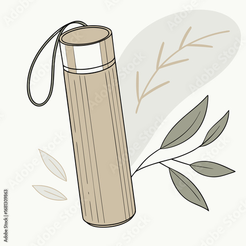 Vector art of reusable thermos bottle with leaves