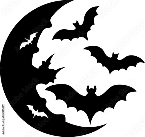 Silhouette of bats flying across a glowing round moon