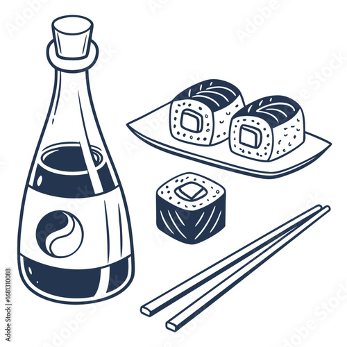 Vector art of sushi set with soy sauce and chopsticks
