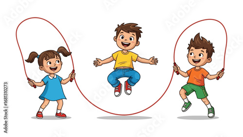 Playful Jumping Rope Fun: Three cheerful kids engage in a vibrant jumping rope game, capturing the spirit of outdoor recreation and childhood glee. 