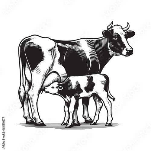 Black and White Vector of Dairy Cow Feeding Milk to Calf – Easy Tracing Farm Illustration