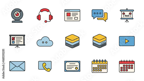 Digital Communication Icons: A collection of modern, illustrative icons, encompassing a broad spectrum of digital communication tools, from website interfaces to video players.