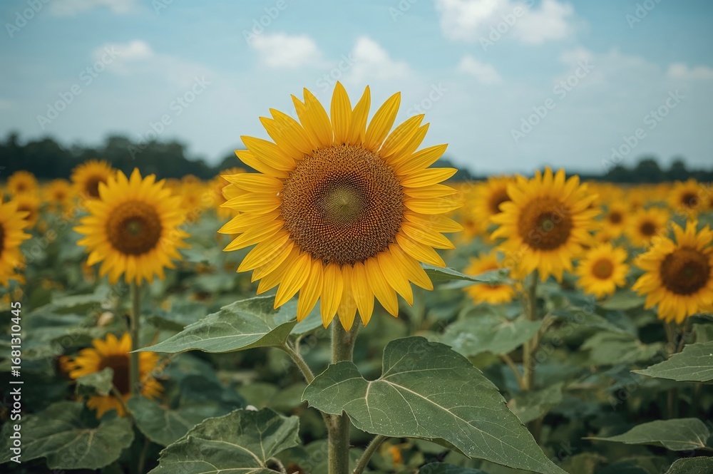 Fototapeta premium Daytime view of a field filled with blooming yellow sunflowers