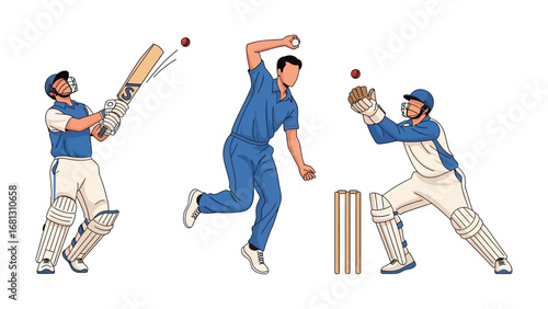 Cricket Action: Capturing the dynamics of cricket, this illustration portrays a batsman striking the ball, a bowler in mid-delivery, and a wicketkeeper poised to catch. 