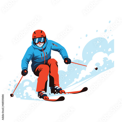 Snowy Descent: A skier carves gracefully through fresh powder, embracing the thrill of the mountain, with a stylized illustration capturing the energy of winter sports.