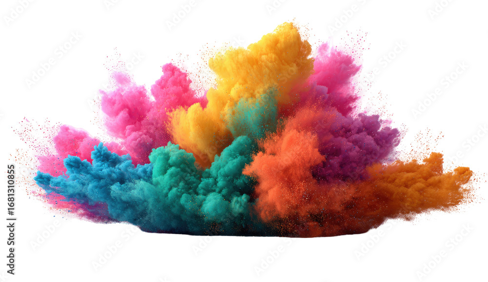 Fototapeta premium Exploding cloud of vibrant color. A dynamic burst of multicolored powder, showcasing pink, orange, yellow, green, and blue hues. A three-dimensional effect