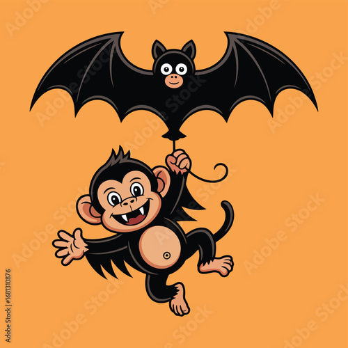 Happy monkey hanging from a bat on orange background halloween flying