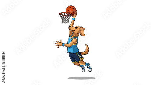 Dog's basketball goal: A basketball-playing dog, showcasing athletic prowess, executes a slam dunk with unwavering determination and skill.