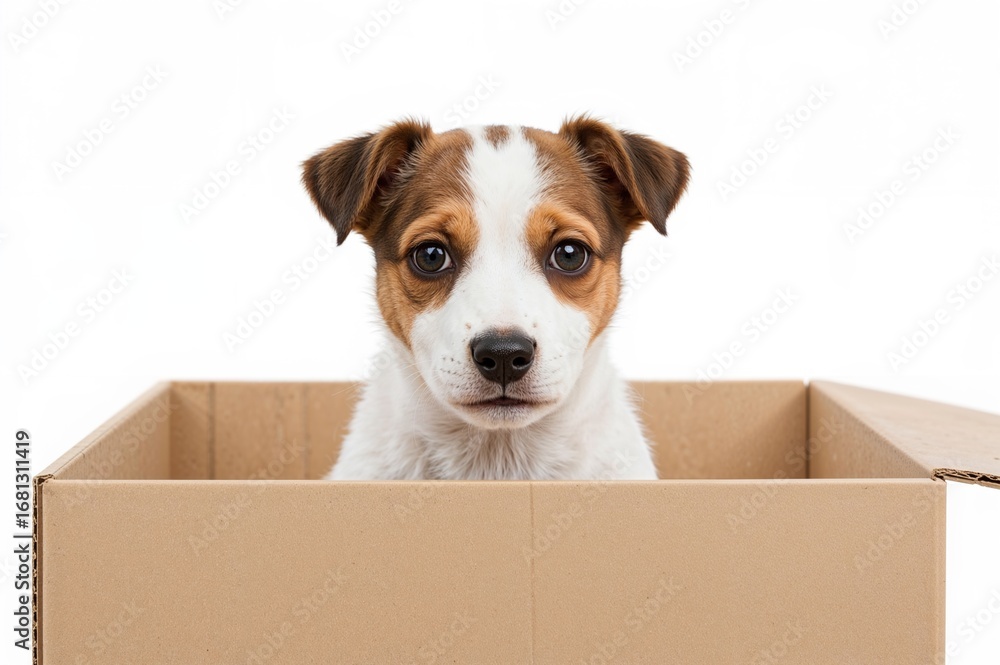 Fototapeta premium Two-month-old Jack Russell Terrier puppy emerging from a box against a white backdrop
