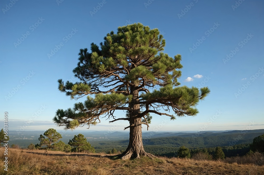 Obraz premium Solitary Pine Tree Standing Tall on a Slope Under a Bright Sky