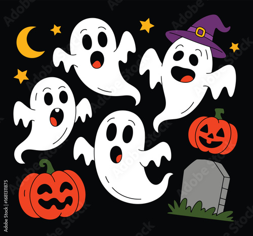 Spooky ghosts and pumpkins celebrate Halloween night vector