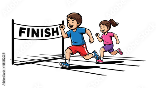 Winning the Race: A vibrant illustration of two children crossing the finish line in a footrace, capturing the exhilaration of competition and the sweet taste of victory.
