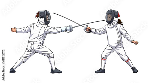 Dynamic Duel: Two fencers engage in a thrilling match, their focused expressions revealing determination and precision, creating a visually striking display of skill and athleticism.