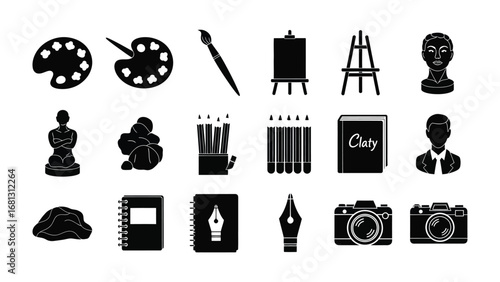 Artistic Tools Collection: An array of artist essentials, art supplies. includes paint palettes, brushes, and sketchbooks, and photography gear. Explore creativity. 