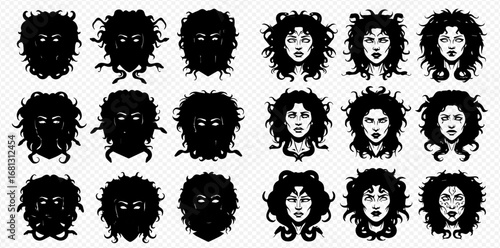Collection of Medusa head illustrations, some with snakes, in varying styles and levels of detail, presented in a grid.