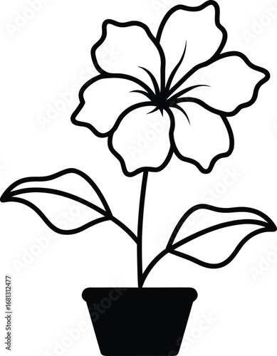 Vector art of a simple black and white illustration of a flowering plant in a pot, isolated on a, showcasing delicate petals and leaves