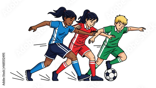 Dynamic Trio of Athletes: A vibrant illustration captures the action as three young soccer players compete fiercely, the soccer ball a central focus in their intense game.